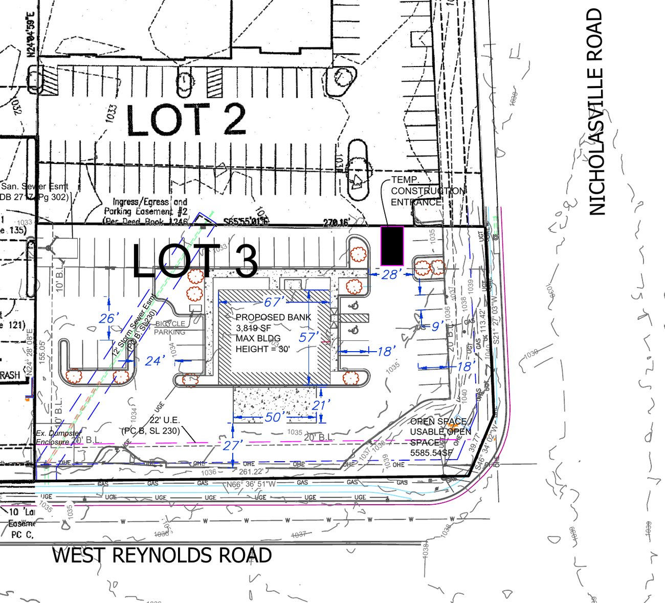 Site plan detail of Lot 3 at Nicholasville Road and West Reynolds Road showing a proposed 3,819-square-foot bank building surrounded by parking.