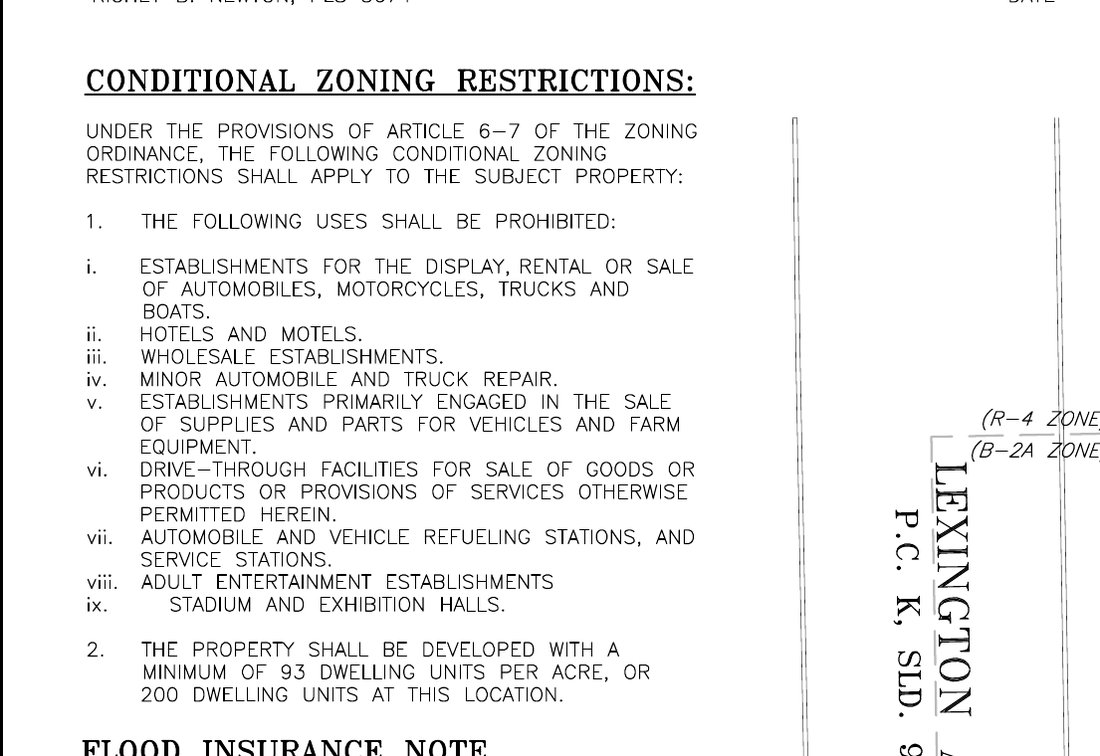 Plat note listing conditional zoning restrictions: prohibited uses including automobile sales, hotels, wholesale, minor auto repair, drive-through facilities, refueling stations, adult entertainment, stadiums; and a requirement of a minimum of 93 dwelling units per acre or 200 dwelling units.