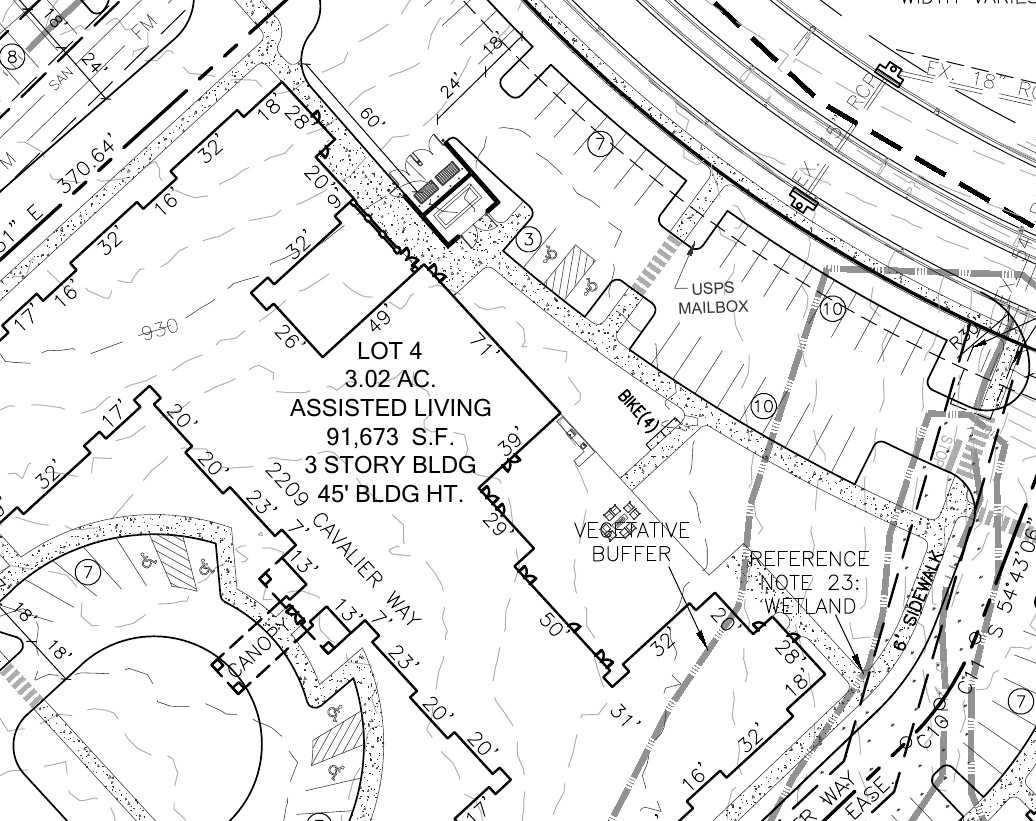 Plan detail labeled Lot 4, 3.02 acres, assisted living, 91,673 square feet, 3 story building, 45 foot building height, with a vegetative buffer and a wetland reference note.