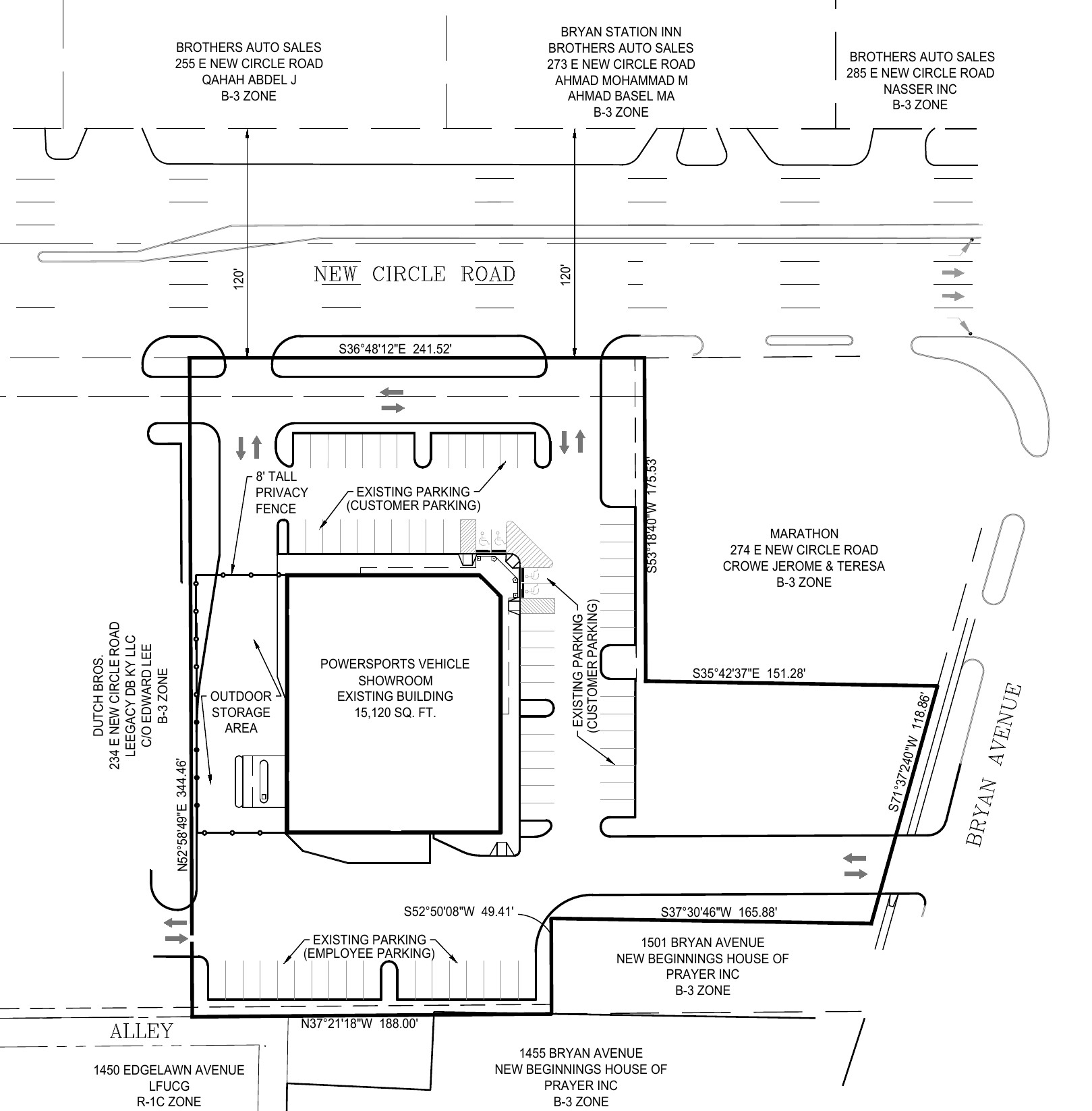 Board of Adjustment site plan showing the existing 15,120-square-foot building labeled powersports vehicle showroom, customer parking to the north and east, employee parking to the south, an outdoor storage area with an 8-foot privacy fence on the west side, and 120-foot distance labels across New Circle Road to Brothers Auto Sales.