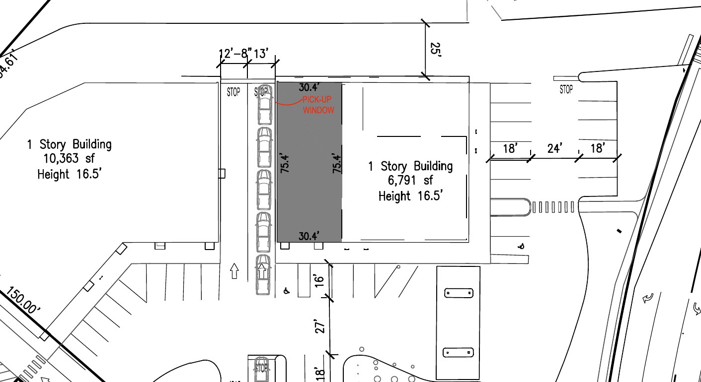 Site plan detail showing six stacked cars in a drive aisle beside a shaded 30.4-by-75.4-foot tenant space labeled pick-up window, next to a 6,791-square-foot one-story building at the Park Hills Shopping Center on Pimlico Parkway.