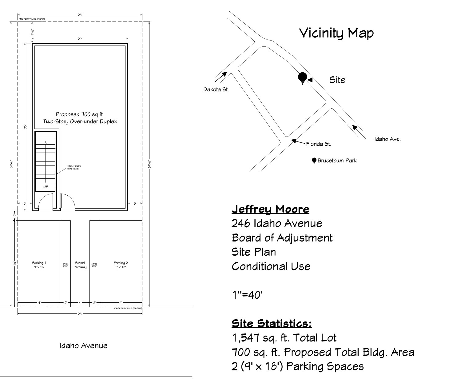 Site plan for 246 Idaho Avenue: a proposed 700-square-foot two-story over-under duplex on a 1,547-square-foot lot with two 9-by-18-foot parking spaces in front, prepared for Jeffrey Moore for the Board of Adjustment.