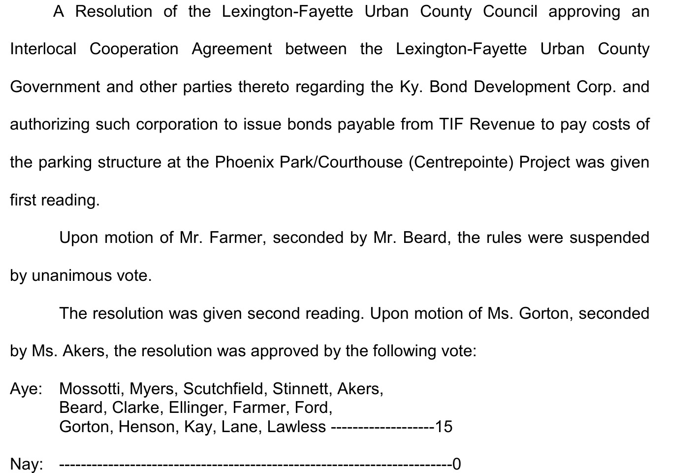 Official minutes excerpt: the KBDC interlocal resolution and its 15-0 roll call, September 16, 2014