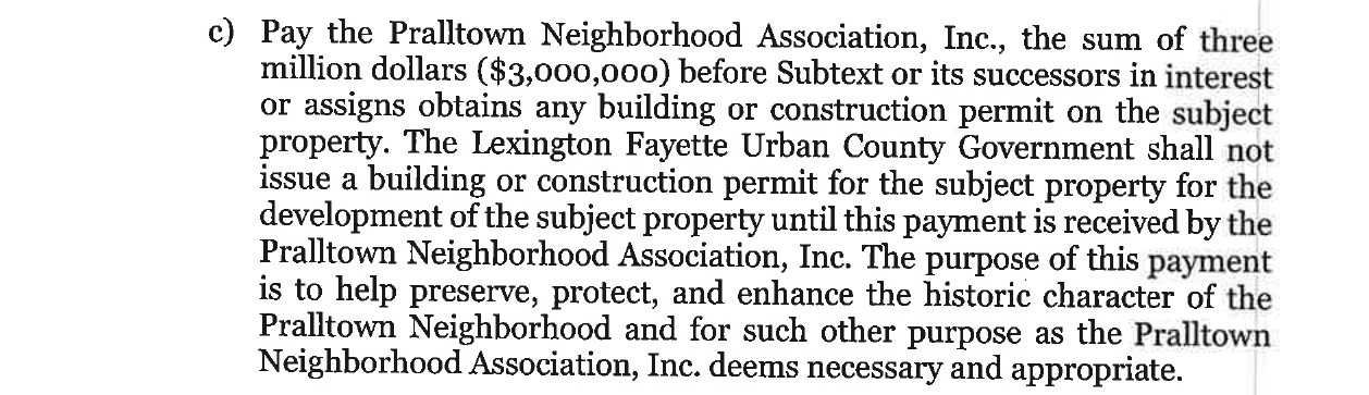 Clause (c) of the Jan. 29, 2026 letter from Subtext's attorney: pay the Pralltown Neighborhood Association $3,000,000 before any building permit.