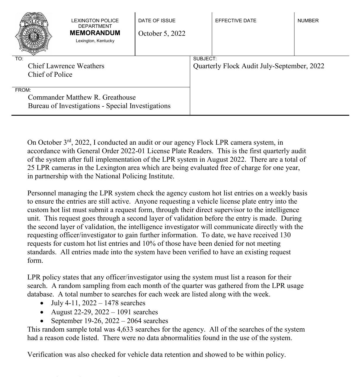 First page of the Lexington Police Department's first quarterly Flock audit, dated Oct. 5, 2022, signed by Commander Matthew R. Greathouse.