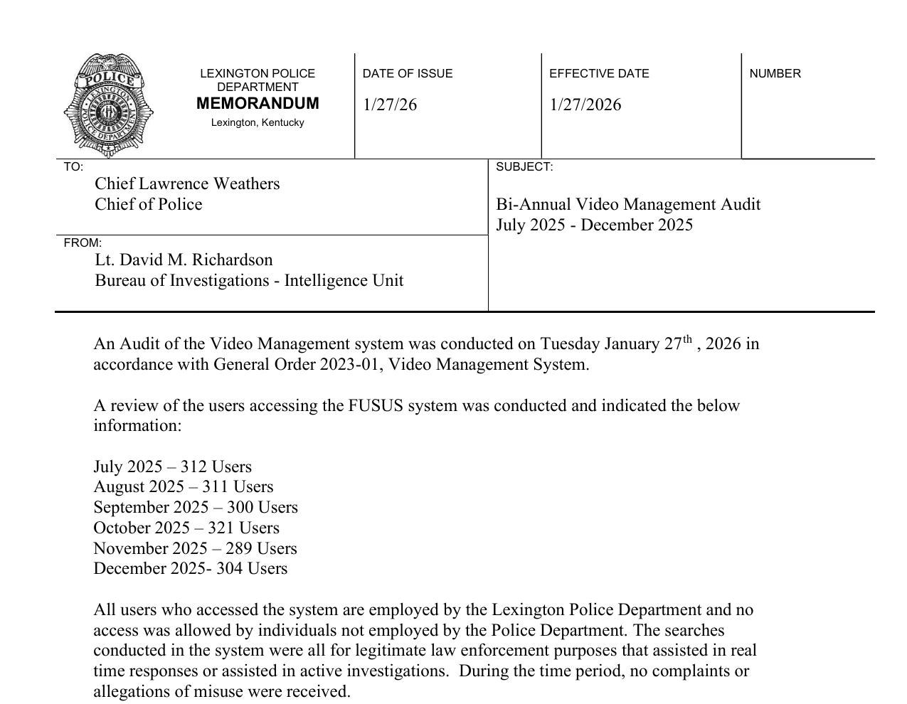 Scan of a Lexington Police Department memorandum, the July-December 2025 Video Management System audit, reporting 1,067 integrated and 2,021 registered cameras and no violations