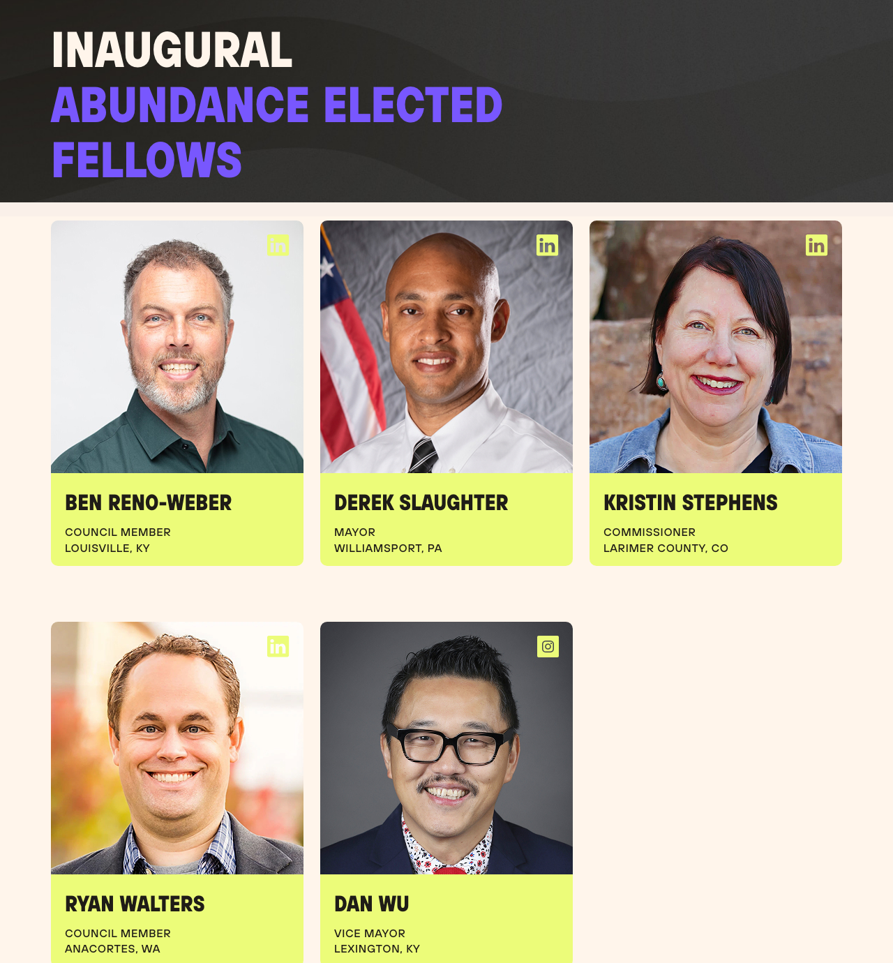The Abundance Elected inaugural fellows webpage showing member cards including Ben Reno-Weber of Louisville and Dan Wu, Vice Mayor, Lexington KY