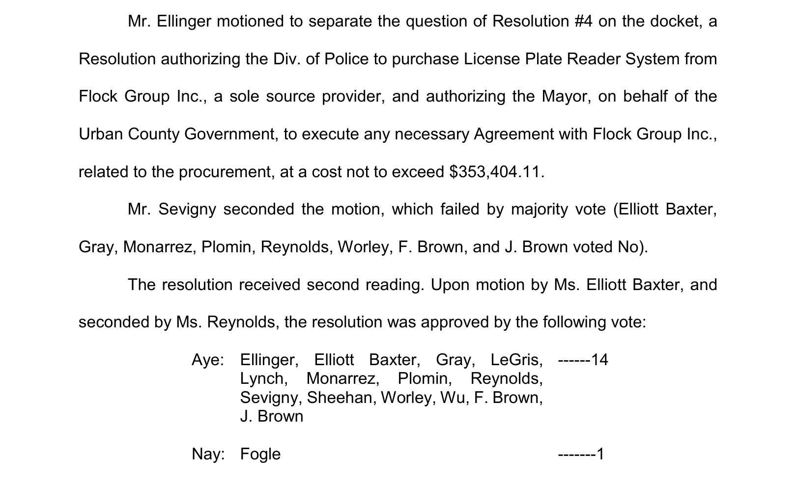 Excerpt of official council minutes showing the motion to separate the Flock resolution failing and the resolution passing 14 to 1 with Wu voting aye and Fogle voting nay