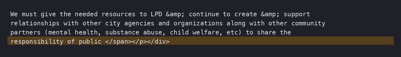 HTML source code of the 2022 campaign site showing the Public Safety plank paragraph tag closing mid-sentence after the words responsibility of public