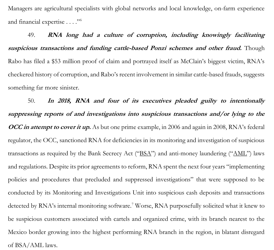 Paragraphs 49-50 of the trustee's second amended complaint describing Rabobank N.A.'s history