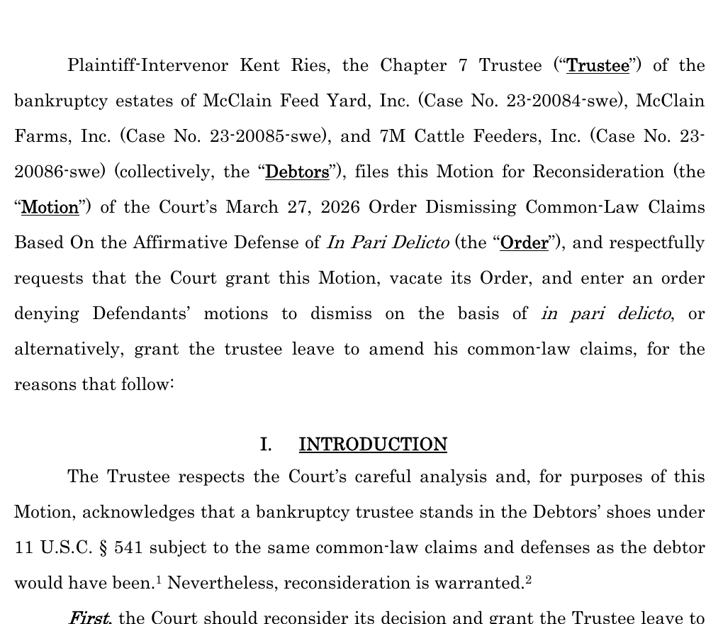 Caption page of the Trustee's Motion for Reconsideration of the March 27, 2026 order