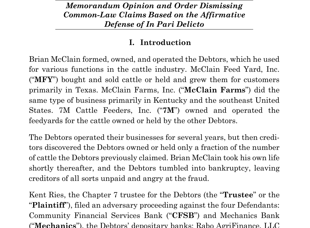 First page of Judge Everett's Memorandum Opinion and Order Dismissing Common-Law Claims Based on the Affirmative Defense of In Pari Delicto