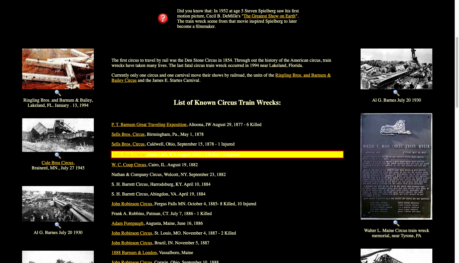The circusesandsideshows.com 'List of Known Circus Train Wrecks' page with the Sells Bros. Paint Lick KY entry highlighted in yellow.