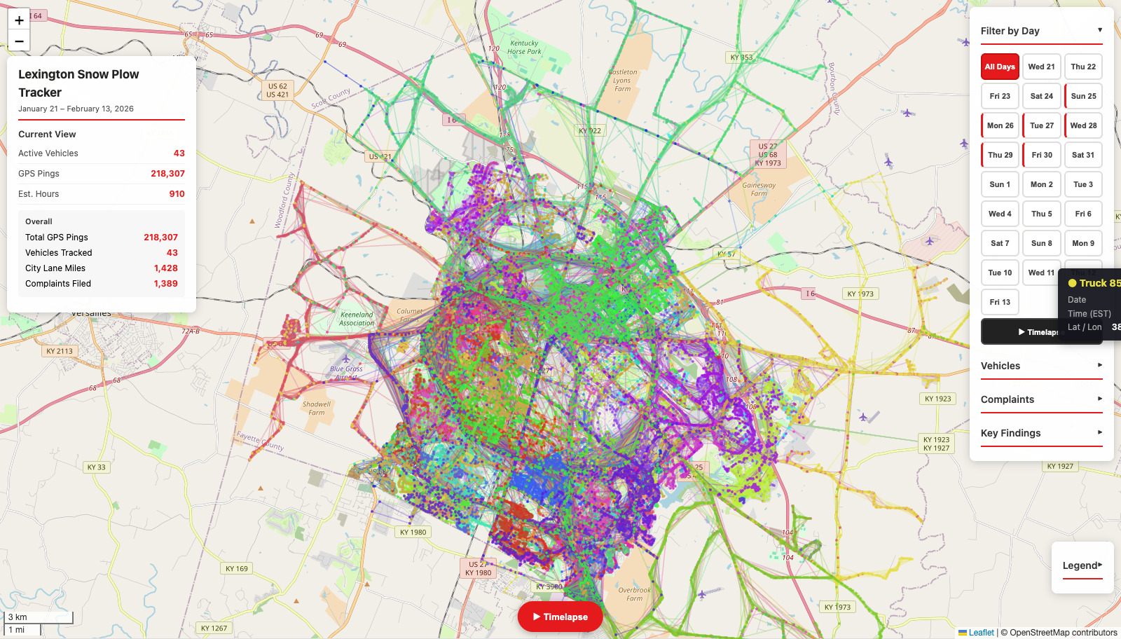 All 218,307 GPS pings from 43 LFUCG plow vehicles, Jan 21 – Feb 13, 2026, colored by vehicle. <em>(Screenshot from plowmap.lexingtonky.news.)</em>