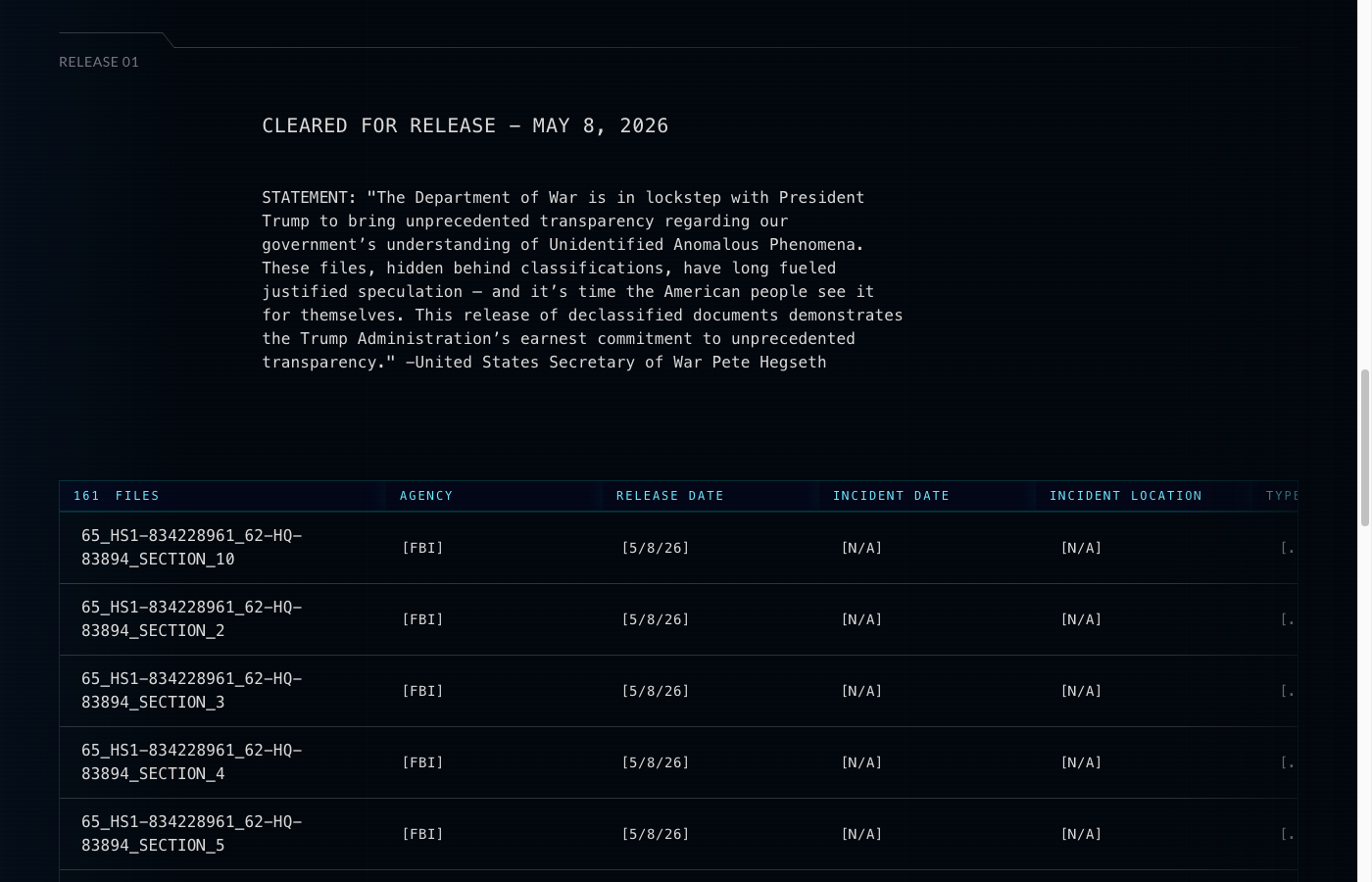 A page of war.gov/UFO showing five identically formatted FBI rows from the 65_HS1-834228961 case file, each with N/A for incident date and location