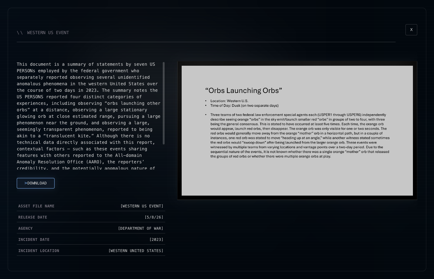 The Western US Event detail modal on war.gov, showing the document summary, AARO assessment, and metadata fields