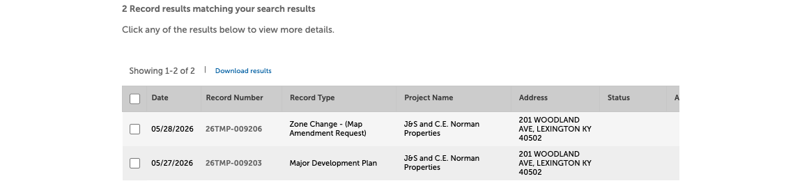 LFUCG Accela planning portal showing the two 201 Woodland Avenue records