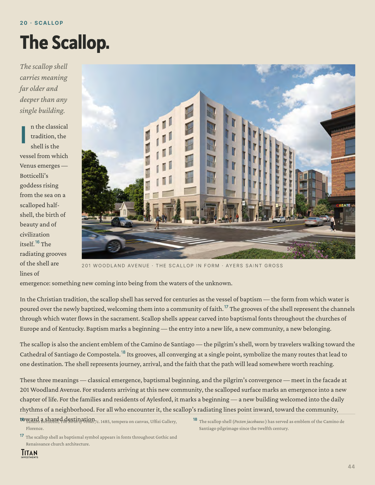 The booklet page presenting the scalloped facade and its three claimed meanings