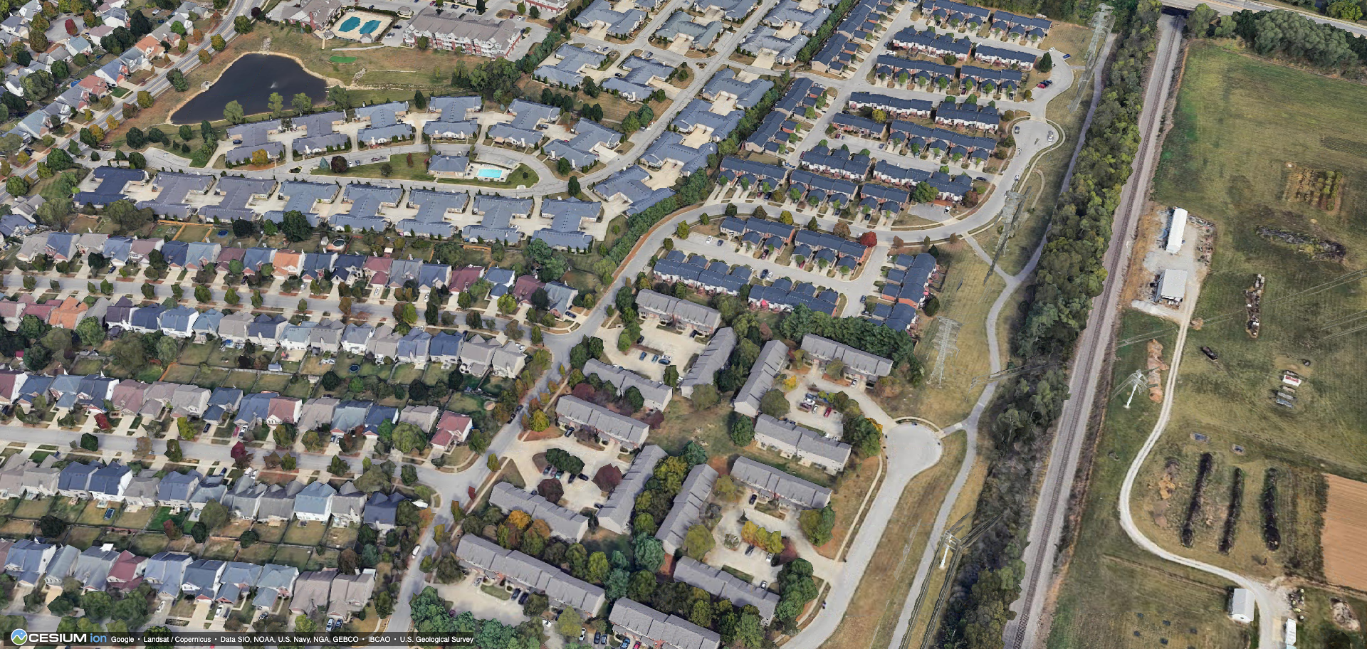The Glen at Lochdale townhomes — 46 of them sold in one $12.4 million deed in October 2024 to an LLC whose owners are anonymous by design. 3D imagery: Google / Cesium.