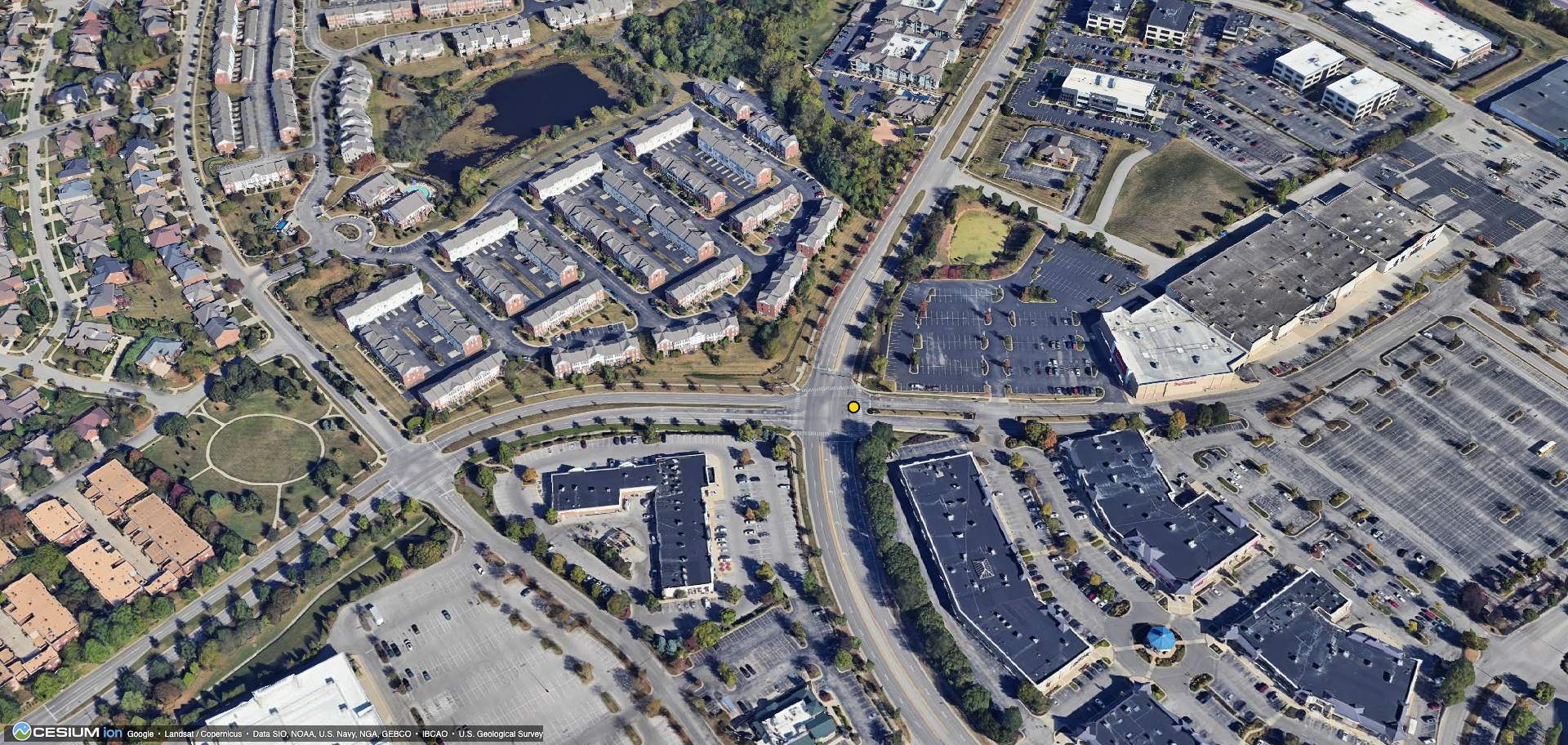 The Hamburg retail strip at Star Shoot Parkway. A mailbox suite here is the registered address for the LLCs behind 60-plus Lexington rental homes. 3D imagery: Google / Cesium.