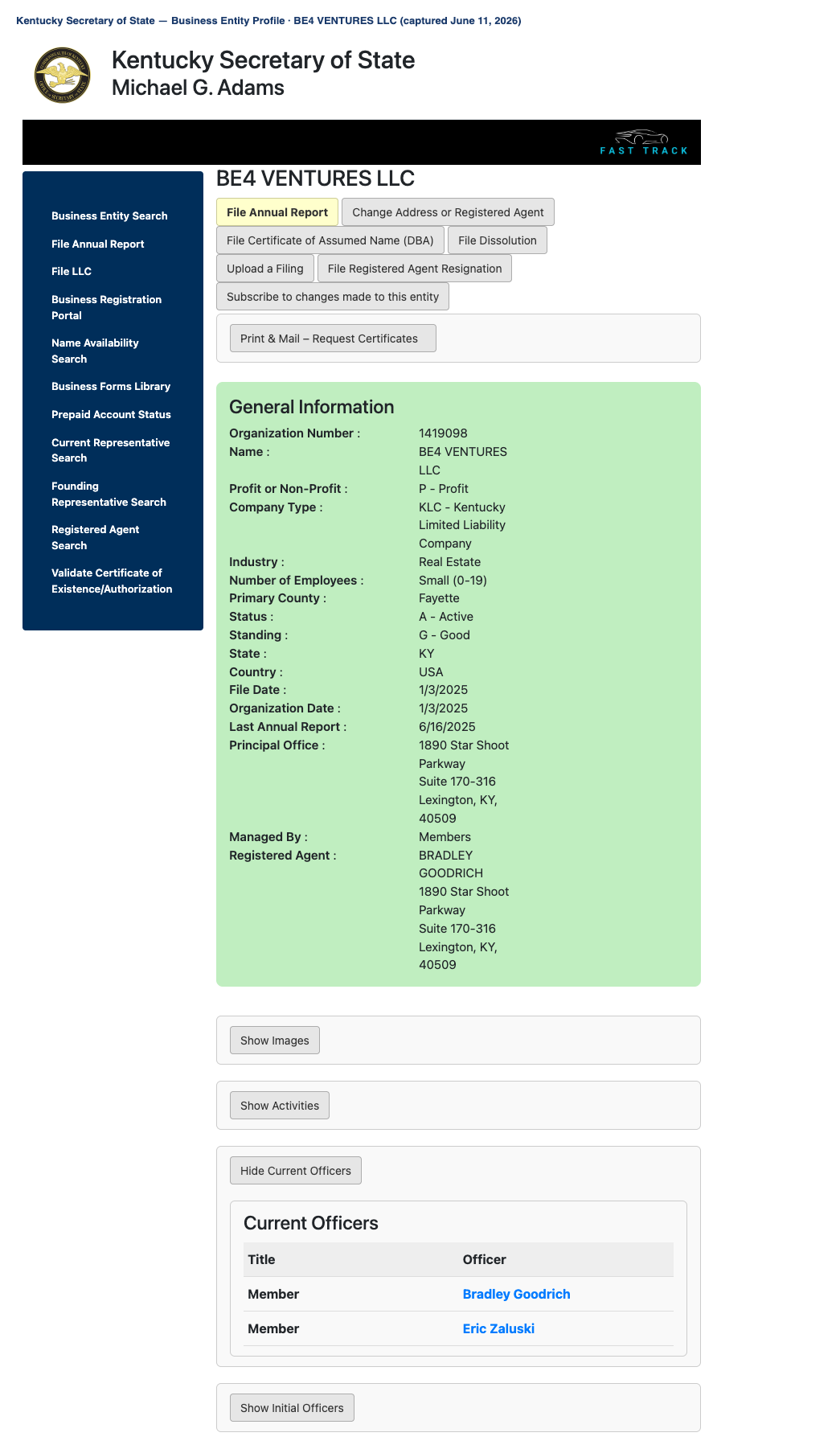 Kentucky Secretary of State profile for BE4 Ventures LLC: formed Jan. 3, 2025; members Bradley Goodrich and Eric Zaluski; principal office Suite 170-316, 1890 Star Shoot Parkway.
