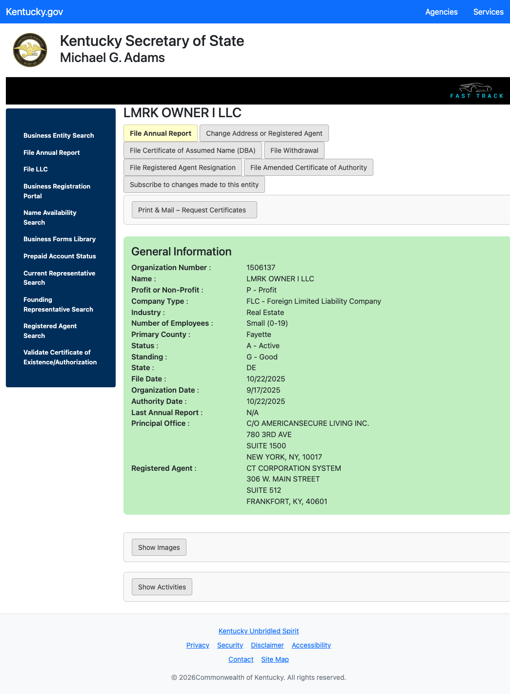 Kentucky Secretary of State filing for LMRK Owner I LLC: principal office 'C/O AmericanSecure Living Inc.' — Truehold's corporate parent — at 780 Third Ave., New York.