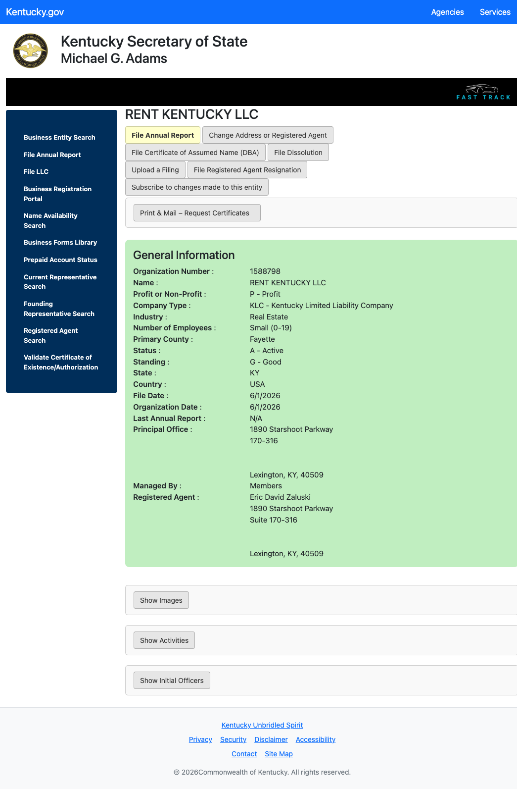 Rent Kentucky LLC, filed with the Kentucky Secretary of State on June 1, 2026 — registered agent Eric David Zaluski, same Star Shoot Parkway suite.